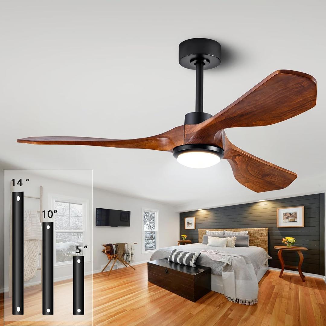 Ceiling Fans with Lights and Remote,52 Inch Unique Wood Ceiling Fan with Noiseless Reversible DC Motor,3 Blades,3 Downrods, for Farmhouse,Patio Living Room, Bedroom, Office,Indoor OutdoorWalnut (Black +Dark Walnut)