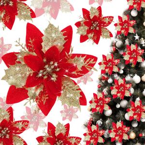 Geosar 36 Pieces Glitter Christmas Poinsettia Artificial Xmas Flower Ornaments Flowers Decorations with Clips and Stem Glitter Poinsettia Christmas Tree Ornaments for Xmas Wedding (Red)
