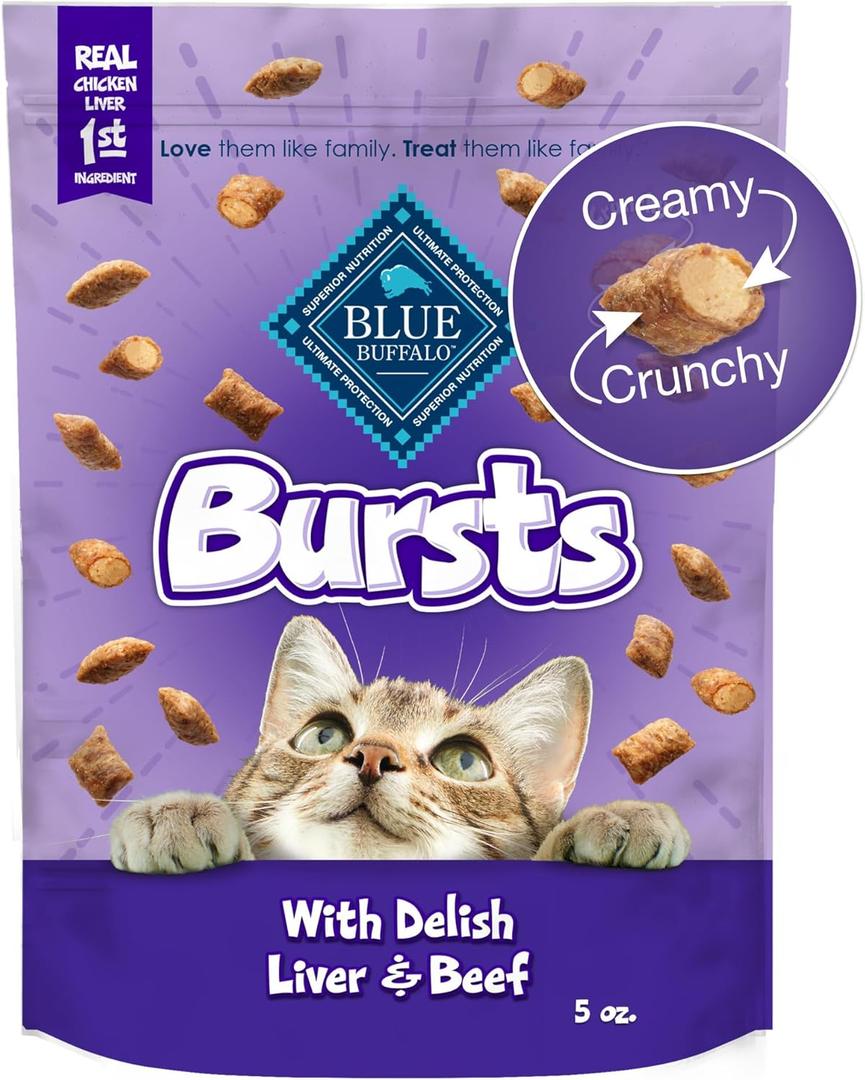 Blue Buffalo Bursts Crunchy & Creamy Cat Treats, Great for Training, Delish Liver & Beef, 5-oz Bag (EXP 10/26/26)