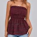 PRETTYGARDEN Women's Boho Tube Tops 2025 Summer Strapless Off Shoulder Eyelet Smocked Peplum Trendy Going Out Bandeau Top (X-Large, Wine Red)