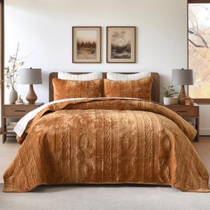 Homzard Velvet Quilt Set Queen Size Bedding Set, Golden Brown Comforter Queen Size, Soft Bedspreads, Plush Light Weight Bedding for All Season (Queen (90"x96"))