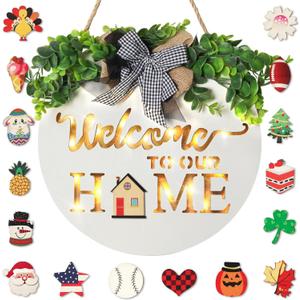 MIPON Welcome Sign for Front Door, Wall, or Porch Decor - Interchangeable Seasonal 17 Changeable Icons for All Seasons & Holidays (Spring, Summer, Fall, Winter, Easter, Christmas) - White