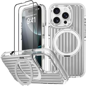 Magnetic Case for iPhone 16 Pro Max Case with Stand & 2x Screen Protector [Compatible with MagSafe] Military Grade Drop Protection Phone Cover with Ring Kickstand for Women Men, Silver Suitcase