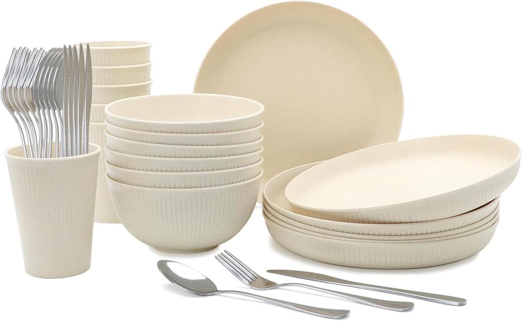 36pcs Reusable Wheat Straw Dinnerware Sets,Unbreakable Dinnerware Cups Plates and Bowls Sets,Durable Kitchenware Dishes Set for Home, Office, Travel,Picnic