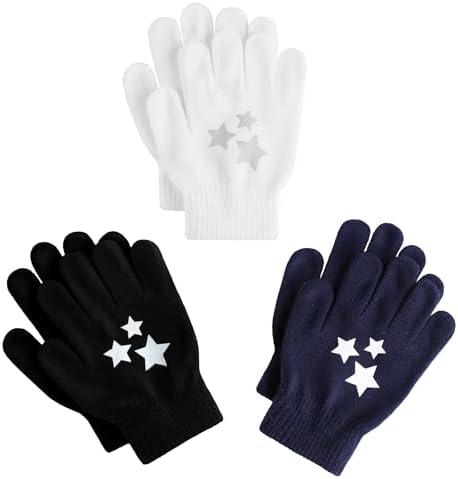 Glooarm 3 Pairs Kids Gloves Winter Gripper Knit Magic Gloves Stretch Warm Cold Weather Gloves for Boys Girls 4-12 Years