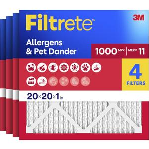 Filtrete 20x20x1 Air Filter, MERV 11, MPR 1000, Allergens & Pet Dander, 3-Month AC and Furnace Filters, Cleaner Air, Reliable Airflow, 1 HVAC Filter (Actual Size 19.68 x 19.68 x 0.81 in)