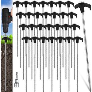 Hicarer 20 Pcs 12 Inch Tent Stakes Screw in Camping Stakes Heavy Duty Metal Spikes Ground Anchor Peg Threaded Tent Spikes with Hex Head Driver for Camping Garden Inflatable (Black)