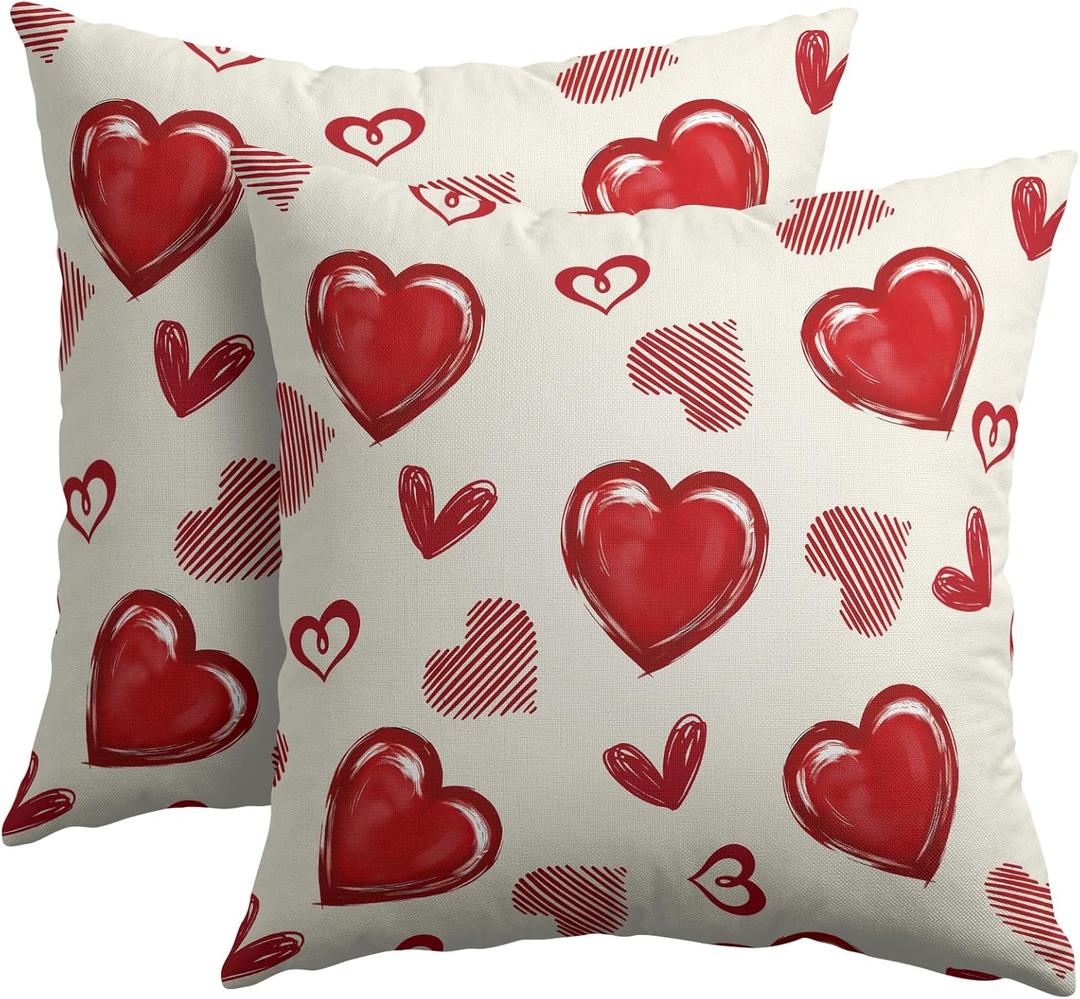 Valentines Day Pillow Covers 18x18 Set of 2 Beige Red Heart Throw Pillow Covers Love Pillowcase Linen Decoration Farmhouse Holiday Cozy Soft Cushion Case Couch for Indoor Outdoor Home Decor