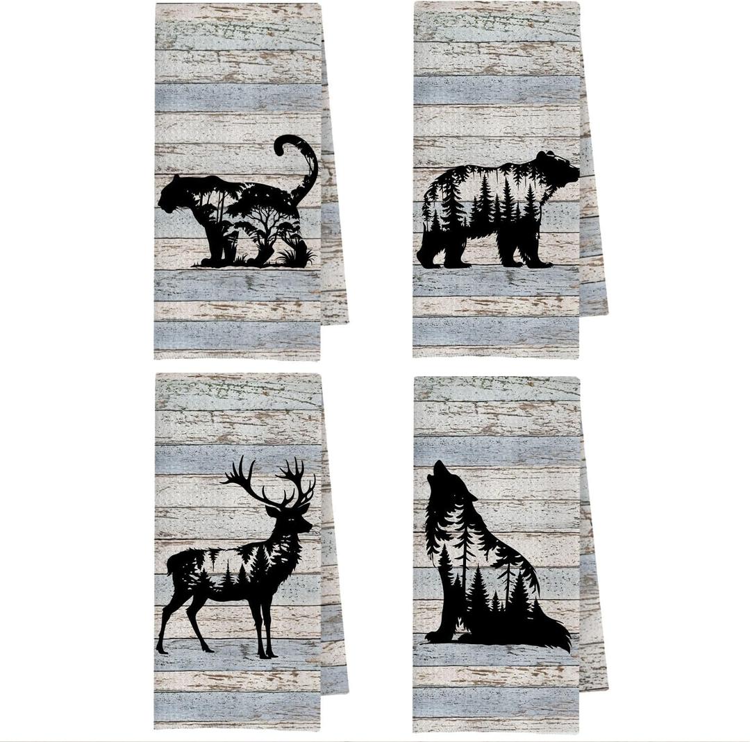 Forest Cheetah Bear Deer Wolf Camping Kitchen Towels, Animal Lovers Gifts Dish Tea Towel for Kitchen, Camper Camping Lover Gifts Decorative Hand Towels for Bathroom, 16x24 Inches Set of 4