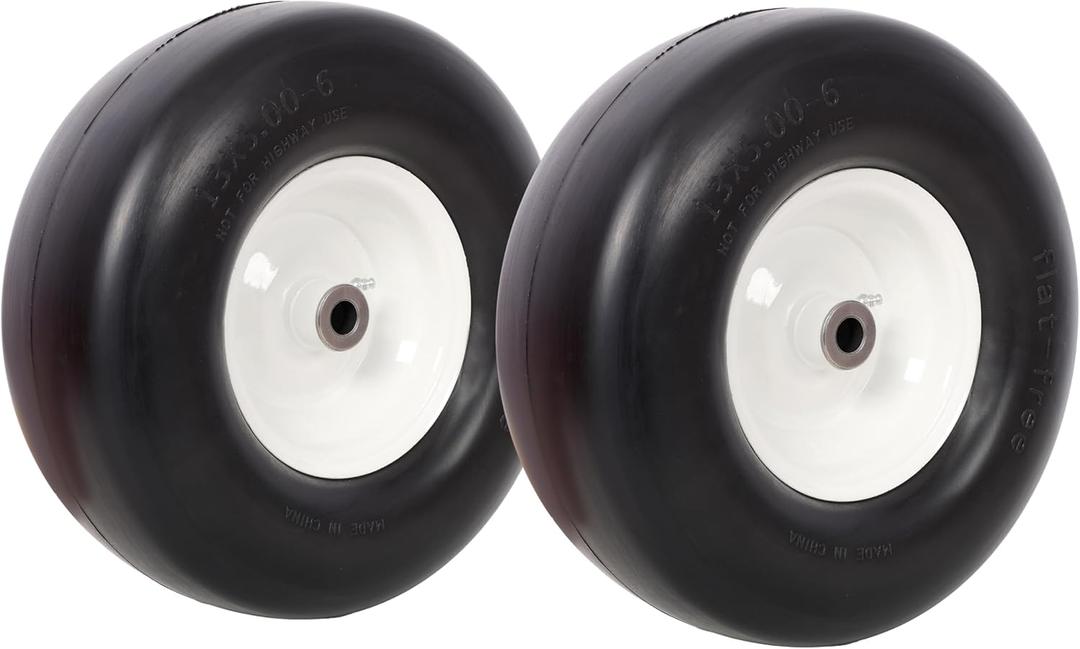 13x5.00-6 Flat Free Tire and Wheel, Lawn Mower Tires Flat Free, Zero Turn Mower Front Tires for Residential and Commercial, 3/4" Bearing, 3" Center Hub, 500 Lbs Load Capacity, 2 Pack