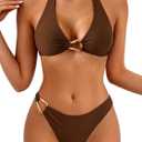Fanuerg Women's Halter V Neck Bikini Sets Ring Linked Two Piece Swimsuit Cheeky Swim Bathing Suit 2025 (X-Large, Brown)