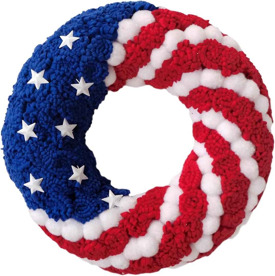 Patriotic Stripe Stars Felt Fabric Wreath for Front Door, Independence Red White Blue Wreath for Indoor Outdoor, Felt Flower Home Decoration