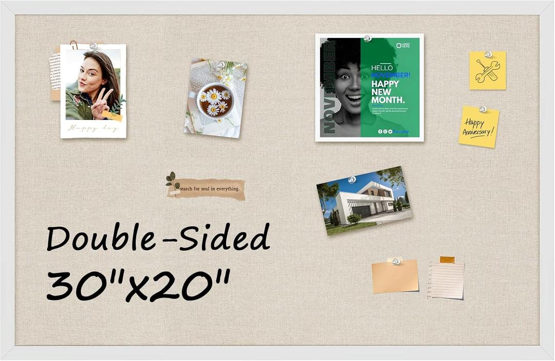 MaxGear Double-Sided Linen & Cork Board, 30" x 20" Large Bulletin Boards with White Frame, Picture Display Corkboards for Wall Decor, Vision Board for Office, School, Home