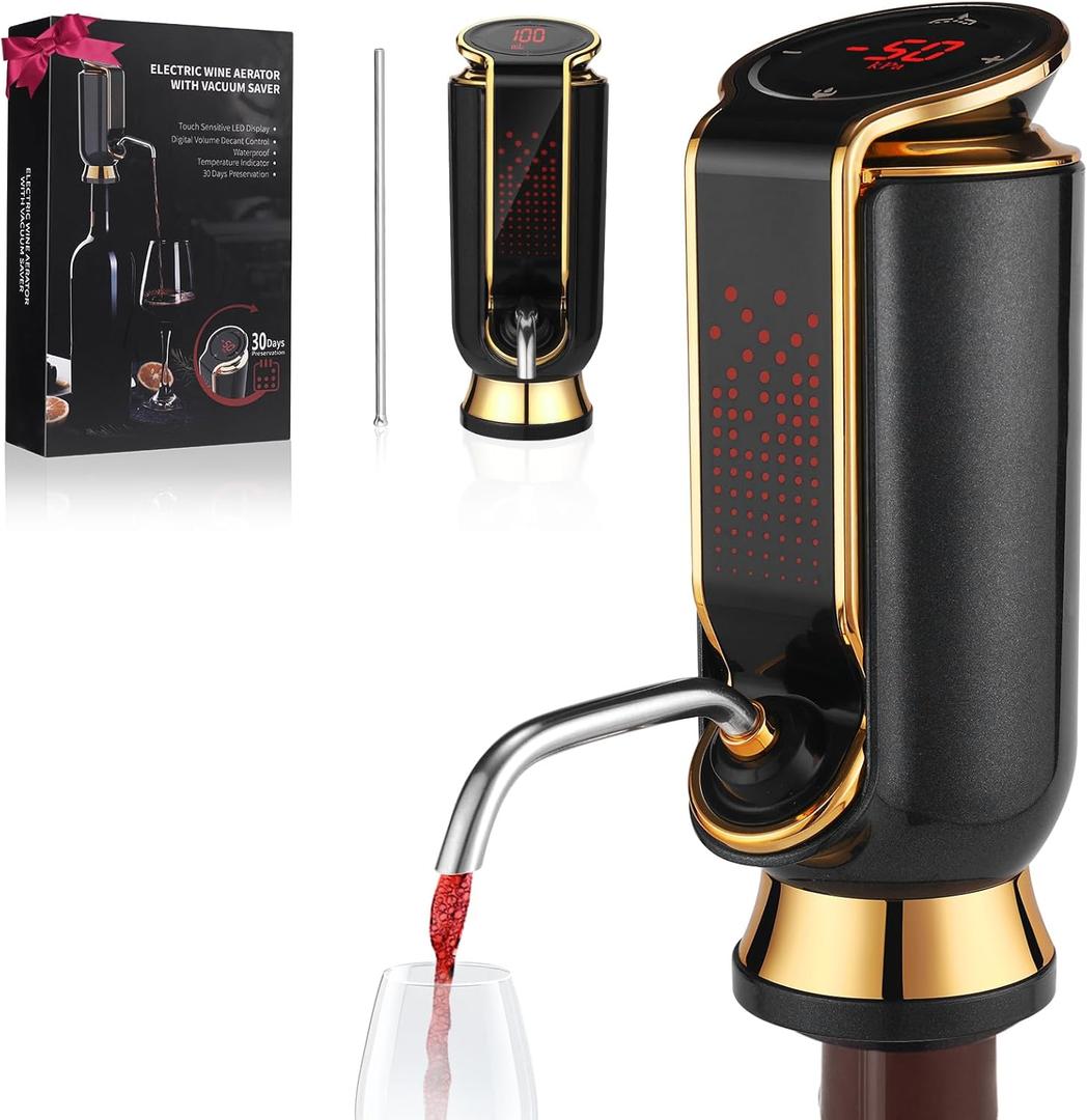 Luxurious 4-in-1 Electric Wine Aerator, Decanter, Dispenser & Vacuum Saver with LED Display - Wine Pourer Gift for Women and Wine Lovers (Gold)