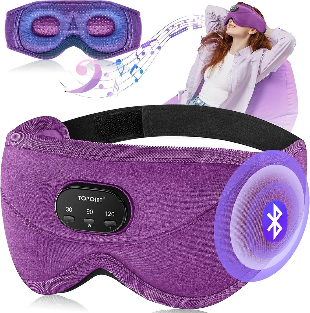 TOPOINT Sleep Mask with Bluetooth Headphones, 3D Eye Mask for Sleep Headphones with White Noise, Total Blackout, 5.4 Bluetooth, Timer, 15 Hours for Women Men, Travel, Meditation, Nap, CPAP Users (3d Red-violet)