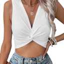 Vrtige Women's Twist Front V Neck Ribbed Knit Sleeveless Sexy Cami Tank Crop Top (Large, Plain White)