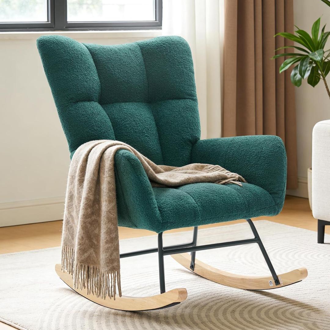 DUMOS Nursery Rocking Chair Teddy Upholstered, Comfy Glider Rocker with High Backrest Armchair Padded Seat, Accent Side Chair for Living Room Bedroom Offices Small Spaces Indoor, Green, 1 Pack