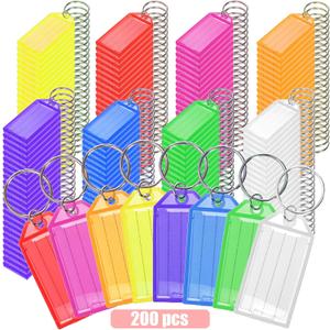 Yarlung 200 Pcs Plastic Key Tags, Key Label Window with Split Ring and Ruled Blank Label Paper, Name Tags Cover Key Chain Identifiers for Luggage, Backpack, 8 Colors
