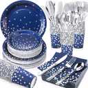 560 Pcs Navy Blue and Silver Party Supplies for 80 Guests Disposable Dinnerware Sets with Blue Paper Plates Napkins Cups Silver Forks Knives Spoons for Graduation Birthday Retirement Wedding Party