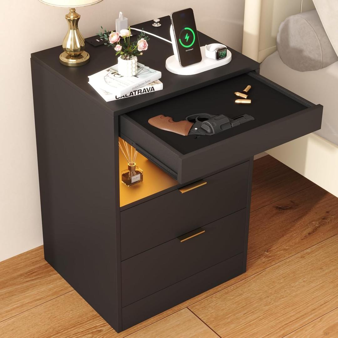 Yusong Night Stand with Gun Drawer & Invisible Lock, Bedside Table, LED Nightstand with Charging Station, Modern Night Stand, Wood Sofa Couch End Side Table with 2 Pull-Out Shelf (Black 002), 13.8"d X 15.8"w X 23.6"h