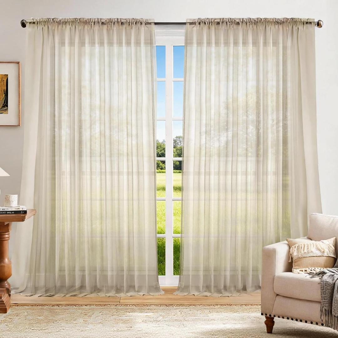 Dreaming Casa Solid Sheer Curtains 96 Inches Long Taupe Rod Pocket Voile Draperies for Bedroom Living Room, 2 Panels, Each 100" W x 96" L
