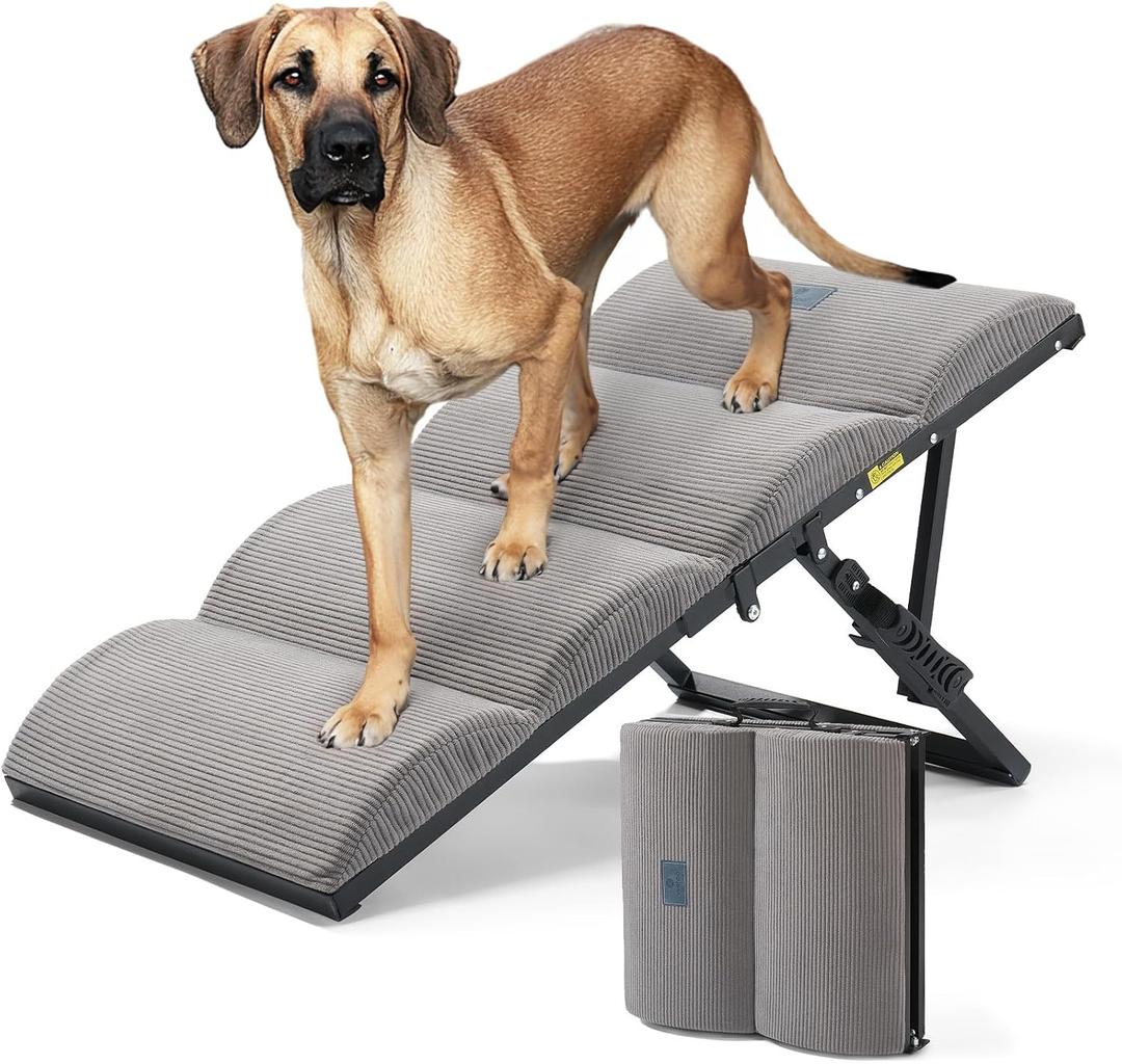 Veehoo Dog Ramp for Bed Couch Height Adjustable from 12" to 20", Foldable Stairs for Dogs to Get on Bed 17" Extra Wide, Portable Pet Doggie Steps Indoor with Non Slip Pad, Support up to 150 lbs