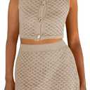 Fisoew Womens Crochet Swimsuit Cover Ups 2 Piece Sleeveless Button Down Crop Tops Mini Skirt Sets Beach Vacation Outfits (Small, Light Khaki)