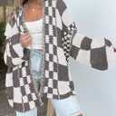 BTFBM Casual Cardigan Sweater for Women Fall 2026 Long Sleeve Open Front Chunky Knit Sweaters Checkered Outwear Coat (Gray, S)