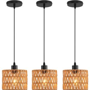 Woven Pendant Light Boho Chandelier, Rattan Pendant Lights Kitchen Island, Farmhouse Pendant Lighting with Hand Woven Wicker Shade, Boho Chandelier Light Fixtures Ceiling Hanging Light
