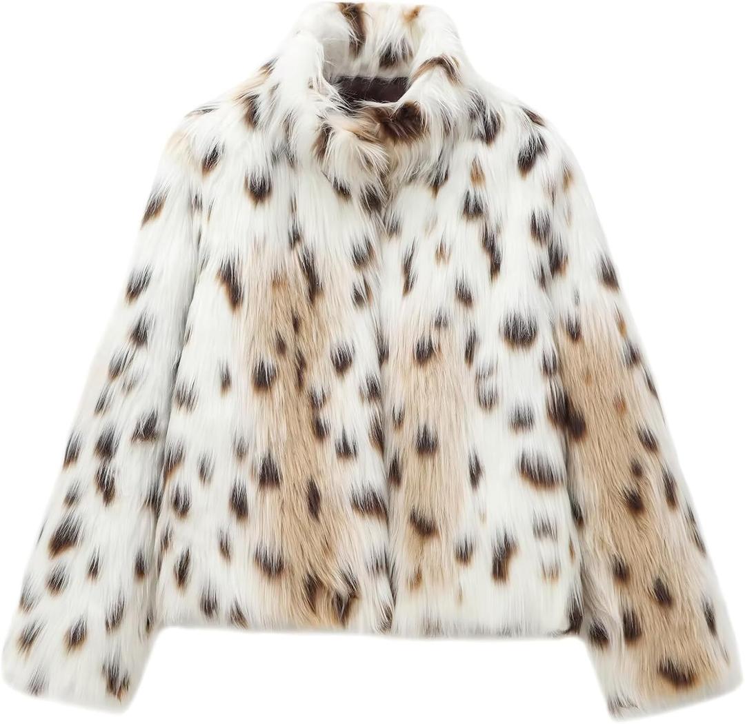 ebossy Women's Faux Fur Crop Jacket Long Sleeve Cozy Winter Warm Fluffy Leopard Pure Color Sherpa Coat with Pockets (Medium)
