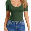 MANGOPOP Women's Scoop Neck Slim Fitted Short Sleeve Double Lined T Shirt Tight Basic Tops Y2K Tee Deep Green (Green, XS)