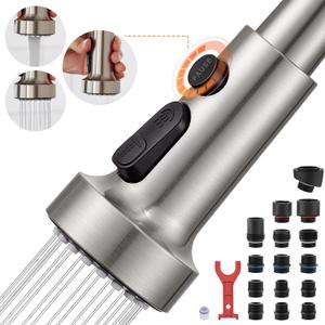 with 15 Adapters Pull Down Kitchen Sink Faucet Head Replacement, 3 Functions Plastic Kitchen Sink Sprayer Nozzle Replacement for Kitchen Faucet, Pause Mode (Brushed Nickel)