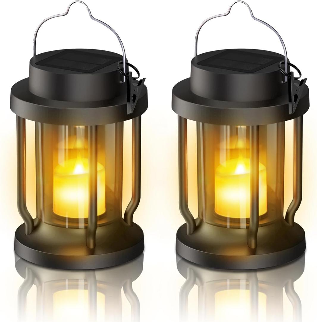 Solar Lantern Outdoor Indoor Use  Hanging Solar Lights with Realistic Flickering Flameless Candle, Weatherproof for Garden Decor, Patios, Trees, and Lawns (Black, 2 Pack)