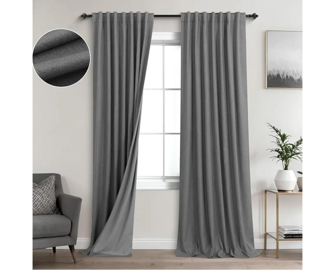 KOUFALL Charocal Dark Grey Linen Blackout Curtains for Bedroom Living Room, Textured Black Out Curtains Drapes 84 Inches Long, 2 Panels Set