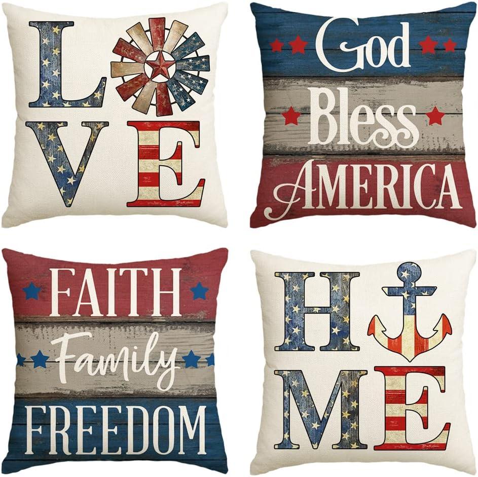 AVOIN colorlife God Bless America Throw Pillow Covers 20 x 20 Set of 4, Faith Family Freedom 4th of July Independence Memorial Day Patriotic Decorations for Sofa Couch