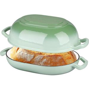 Enameled Cast Iron Sourdough Bread Oven, Dutch Oven, Loaf Cast Iron Bread Pan for Homemade Bread Baking, Meatloaf Pan with Lid, 7QT, Green