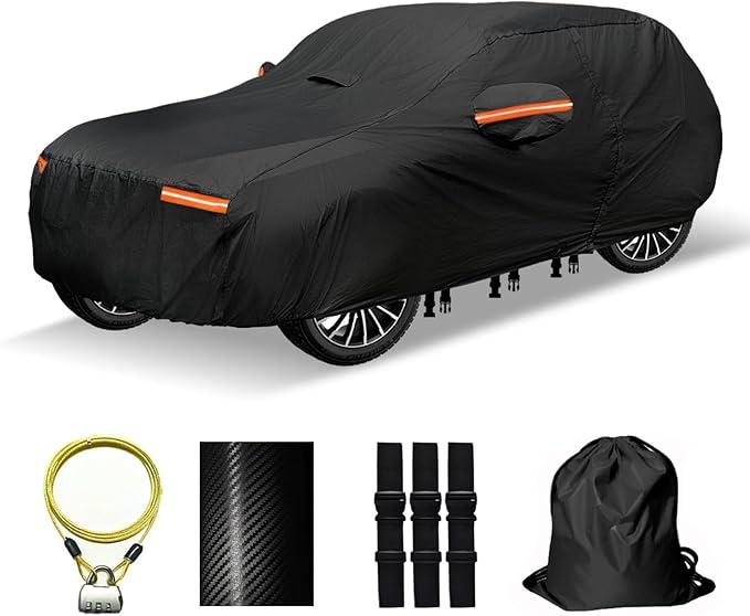 OWEEIO Heavy Duty Car Cover for Automobiles All Weather Waterproof, Outdoor Snowproof UV Protection Windproof, Door Zipper, Soft Cotton Universal Car Covers (Black, Fit Sedans 181"190")