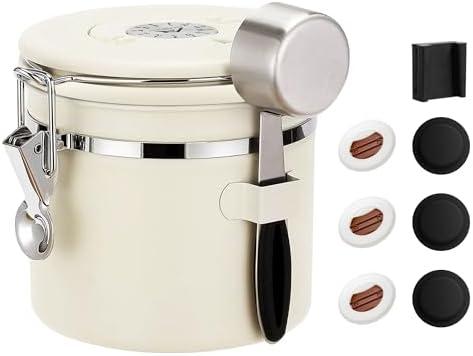 ShanSon Coffee Canister Airtight Coffee Container Stainless Steel Coffee Bean Storage Container with Scoop Coffee Canister for Beans Grounds Sugar Flour Tea Cereal, 11OZ, Beige