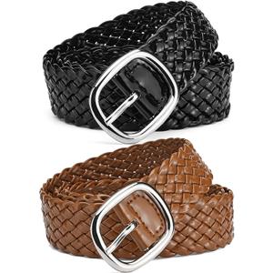 Thin Braided Belt Women 2 Pack Braided Black PU Leather Belt Woven Belts for Women Trendy Woven Belt Brown Black Women's Belts for Pants Jeans Dresses Belt Boho Belts Outfits Accessories