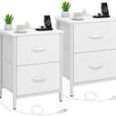 Vagusicc Nightstand Set of 2 with Charging Station, End Table Bedside Table with Power Outlet & USB Ports, Side Table with 2 Fabric Drawers for Bedroom, Living Room, White, 15.75 inches x 11.81 inches x 22.25 inches