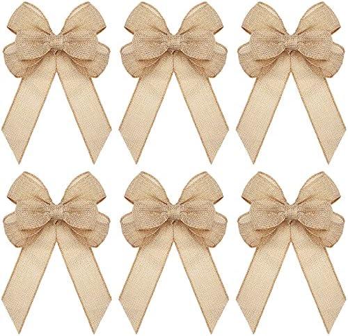 Xinnun Set Of 6 Christmas Burlap Bows Knot Handmade Ribbon Bows Natural Rustic Burlap Wreath Decorative Bowknot Ornament for Christmas Decorate Tree Festival Holiday Party Supplies (Beige, Plain Style)