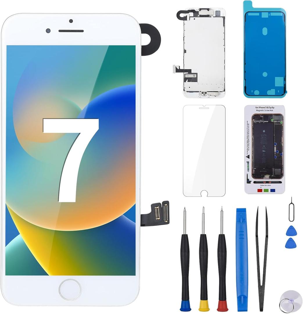 for iPhone 7 Screen Replacement with Home Button 4.7" White 3D Touch LCD Display Digitizer Full Assembly Fix Tools Magnetic Screw Mat with Front Camera Speaker Repair Kit A1660 A1778 A1779