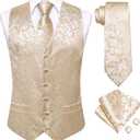 Dubulle Mens Suit Vest and Tie Set Paisley Floral Silk V-neck Waistcoats for Men with Necktie Wedding Tuxedo (Large, Beige)