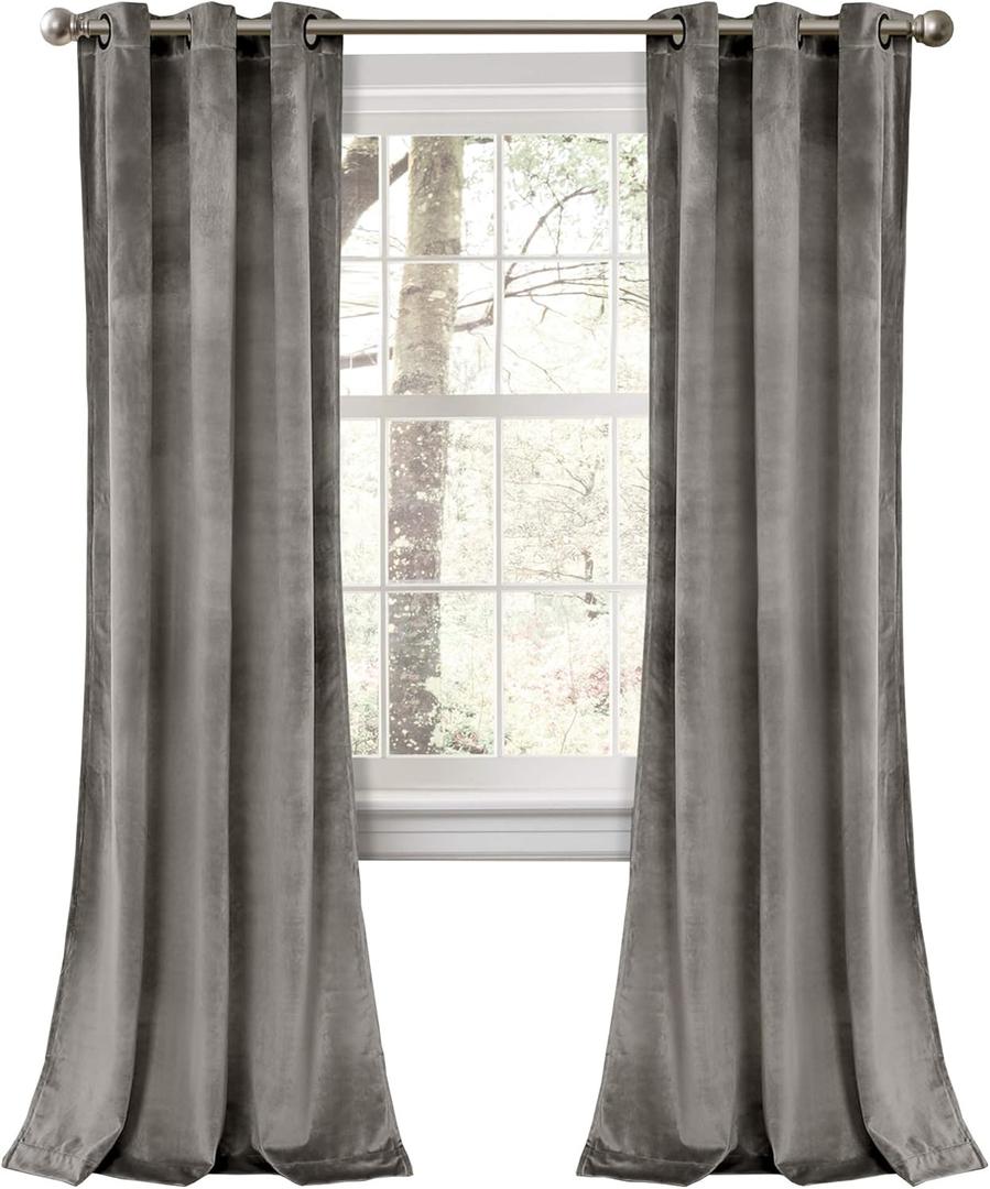 Lush Decor Prima Velvet Curtains Color Block Light Filtering Window Panel Set for Living, Dining, Bedroom (Pair), 38" W x 84" L, Gray