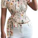 Women's Off The Shoulder Tops Floral Graphic Tees Knot Side Short Sleeve Elegant Crop Tshirts (White, L)