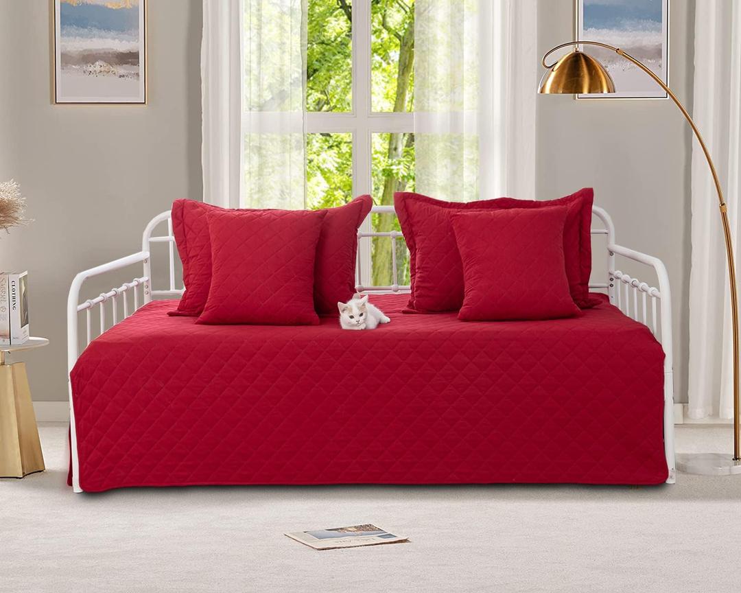 5-Piece Burgundy Red Daybed Cover Set, Twin Daybed Bedding Set for All Seasons, Lightweight Comforter Bedspread, Geometric Print Day Bed Cover with 4 Pillow Shams, 39"x75"