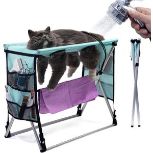 Cat Grooming Table - Foldable Hammock with 4 Nail Trimming Leg Holes, 3 Drawstring Straps (Aid Adaptation), Drainable Mesh, Lightweight, Holds Up to 13 lbs (Green)