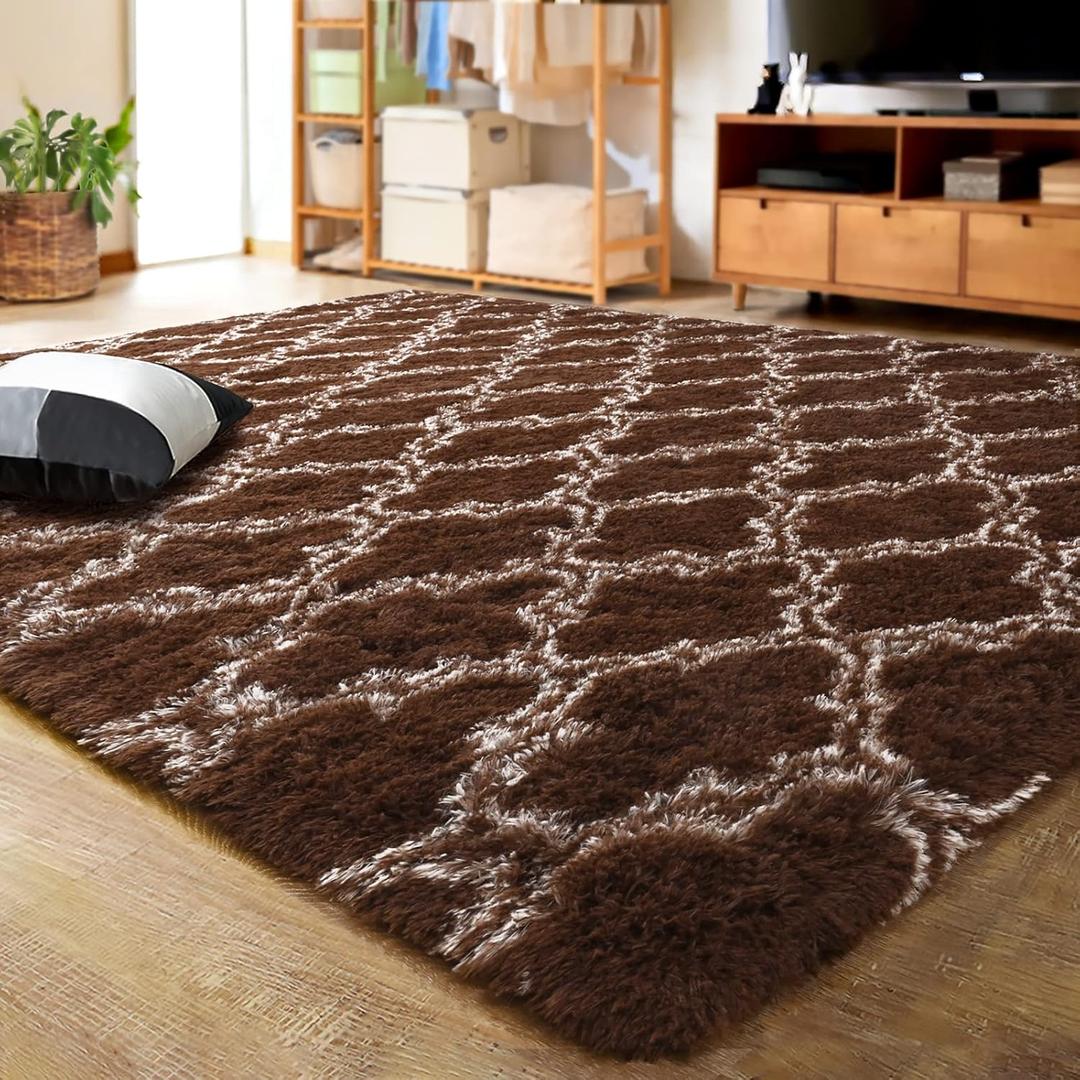 LOCHAS Luxury Shag Area Rug 5x8 Feet Geometric Plush Fluffy Rugs, Extra Soft Carpet Runner Rugs for Bedroom Living Room Dorm Kids, High Pile Shaggy Floor Rug Decor, Brown/Beige