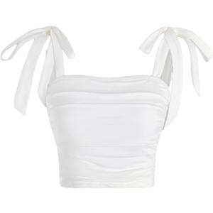Milumia Women's Ruched Tie Shoulder Crop Cami Top Solid Sleeveless Fitted Tank Tops (Large, White)