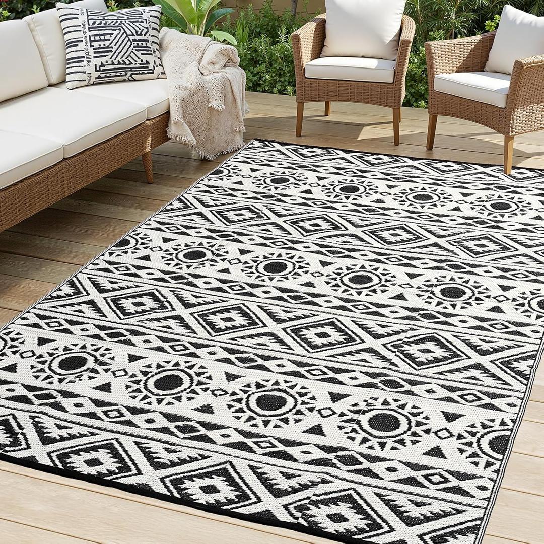 Outdoor Rug Waterproof 5x8 ft, Reversible Outdoor Plastic Straw Rug Patio Rug, RV Rugs for Outside, Outdoor Carpet for Patio Camping Deck Balcony Backyard, Black & White